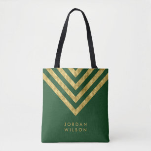 Elegant Green Faux Gold Name Chevron Pattern Tote Bag