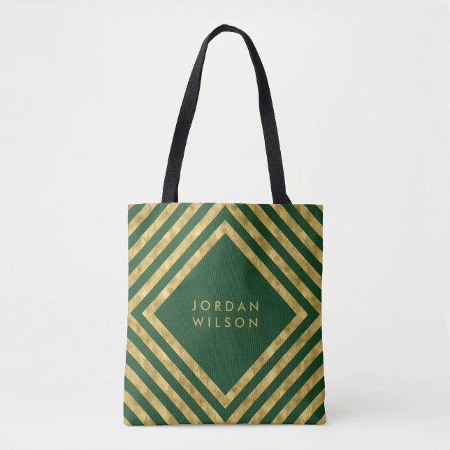 Elegant Green Faux Gold Square Lines Geometric Tote Bag (Front)