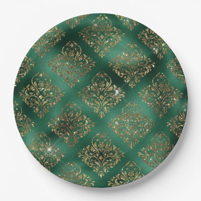 Elegant Green & Faux Gold  Vintage Christmas  Paper Plate (Front)