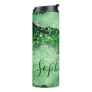 Elegant Green & Faux Silver Glitter Agate Thermal Tumbler