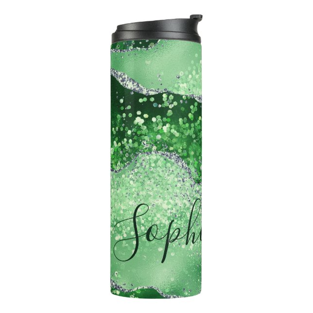 Elegant Green & Faux Silver Glitter Agate Thermal Tumbler (Rotated Left)