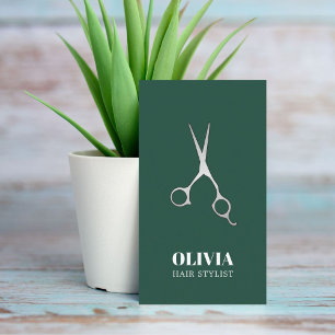 Elegant Green Faux Silver Scissors Bold Hair Salon Business Card