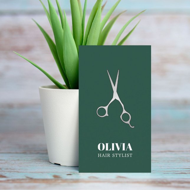 Elegant Green Faux Silver Scissors Bold Hair Salon Business Card (Creator Uploaded)