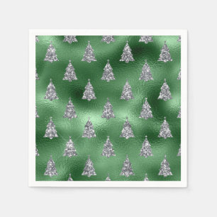 Elegant Green & Faux Silver Trees Christmas Napkin