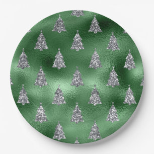 Elegant Green & Faux Silver Trees Christmas Paper Plate