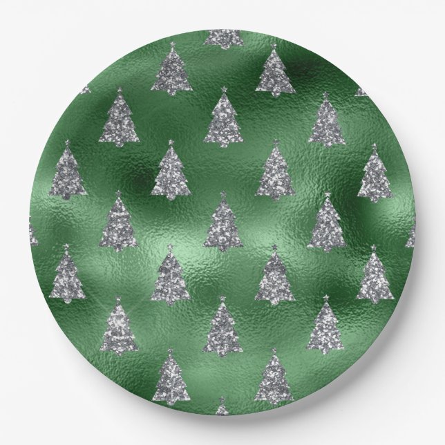 Elegant Green & Faux Silver Trees Christmas  Paper Plate (Front)