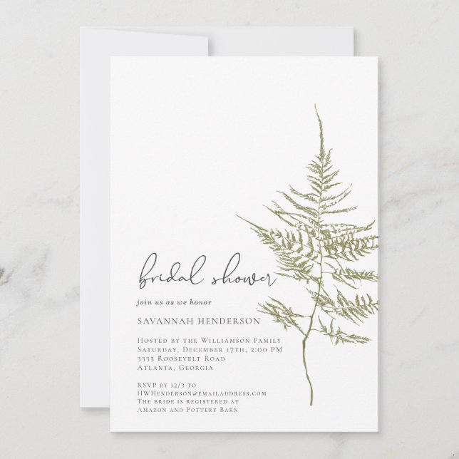 Elegant Green Fern Floral Bridal Shower Invitation (Front)