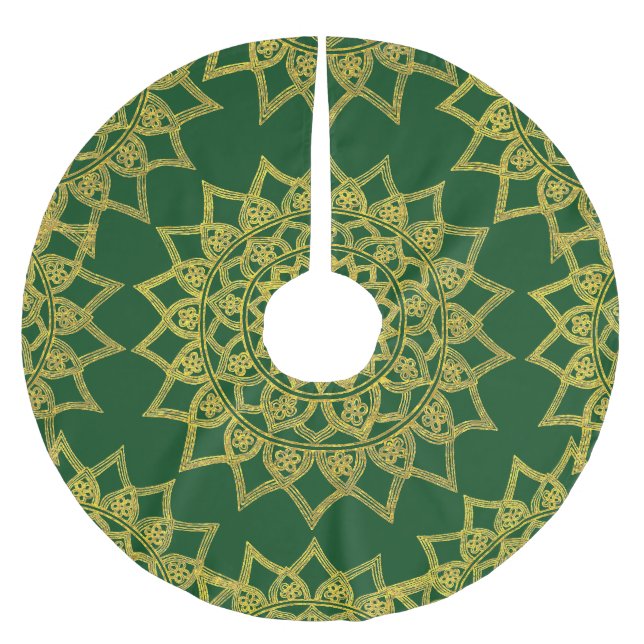 Elegant Green Fine Gold Floral Mandala Christmas Brushed Polyester Tree Skirt (Front)