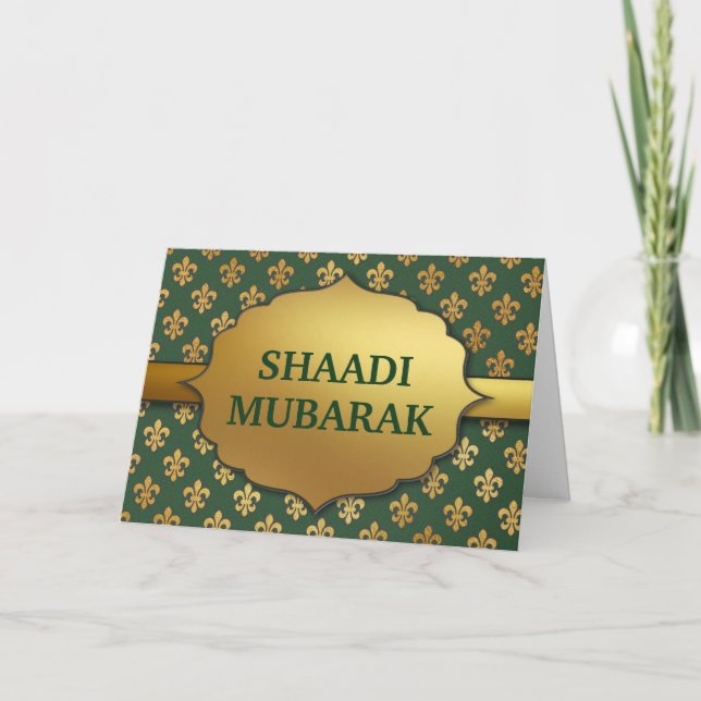 Elegant Green Fleur-De-Lis Pattern Shaadi Mubarak Card (Front)