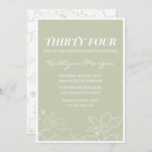 Elegant Green Floral 34th birthday invitations   (Front/Back)
