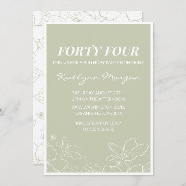 Elegant Green Floral 44th birthday invitations   (Front/Back)