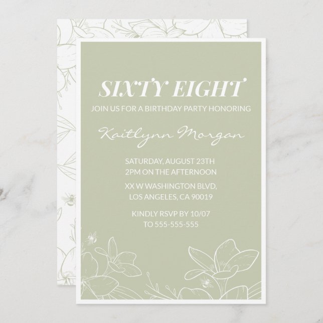 Elegant Green Floral 68th birthday invitations   (Front/Back)
