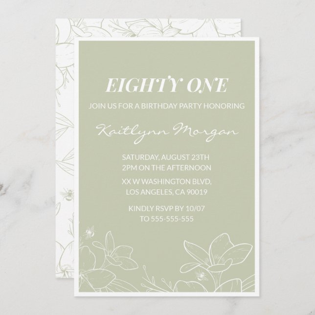 Elegant Green Floral 81st birthday invitations   (Front/Back)