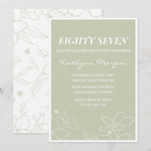 Elegant Green Floral 87th birthday invitations  