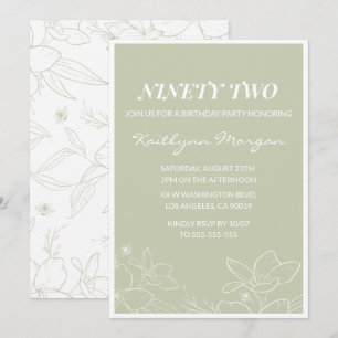 Elegant Green Floral 92nd birthday invitations  