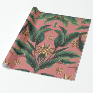 Elegant Green Floral and Festive Gold Star Motif Wrapping Paper