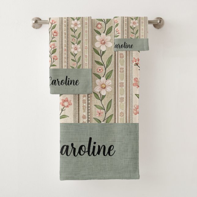 Elegant Green Floral Bath Towel Set-Editable Name (Insitu)
