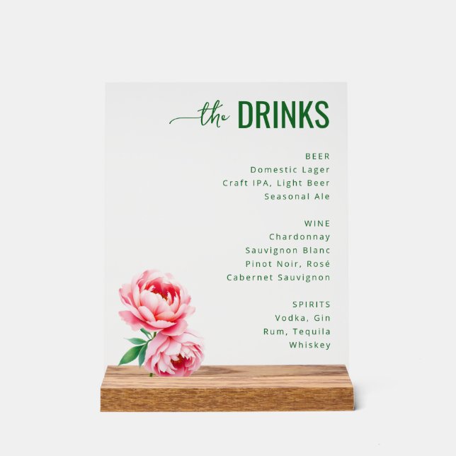 Elegant Green Floral Beverage Menu Acrylic Sign (Front)