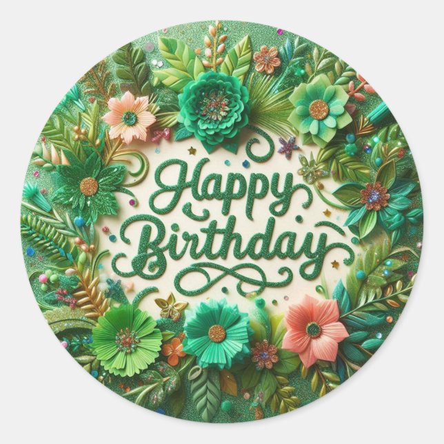 Elegant Green Floral Birthday sticker (Front)