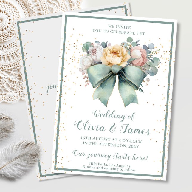 Elegant Green Floral Bow Wedding Invitation (Creator Uploaded)