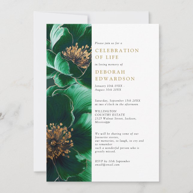 Elegant Green Floral Celebration Of Life Invitation (Front)