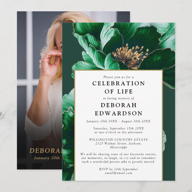 Elegant Green Floral Celebration Of Life Photo Invitation (Front/Back)