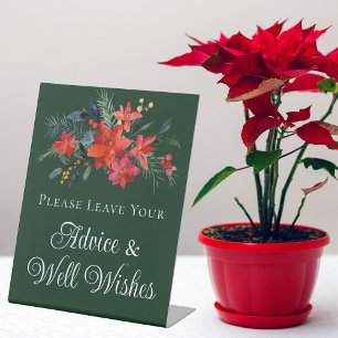 Elegant Green Floral Christmas Wedding Advice Pedestal Sign