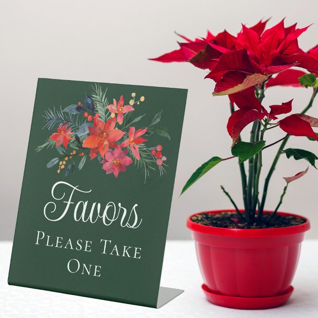 Elegant Green Floral Christmas Wedding Favours Pedestal Sign (Creator Uploaded)