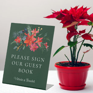 Elegant Green Floral Christmas Wedding Guest Book Pedestal Sign