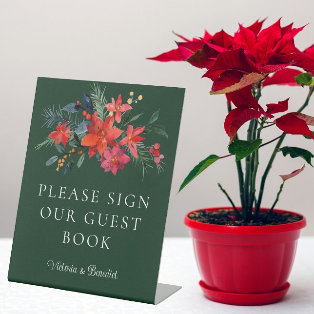 Elegant Green Floral Christmas Wedding Guest Book Pedestal Sign (Creator Uploaded)