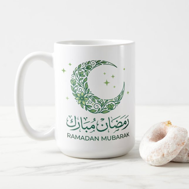 Elegant Green Floral Crescent Ramadan Mubarak Arab Coffee Mug (With Donut)