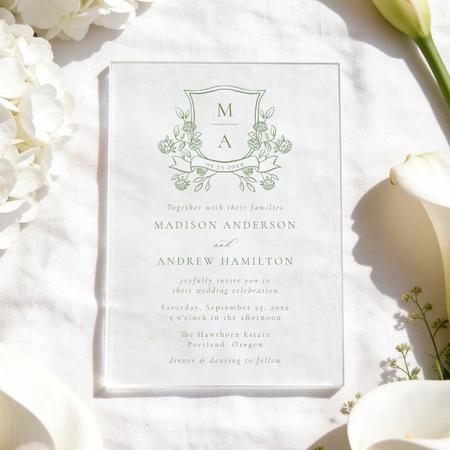 Elegant Green Floral Crest Monogram Wedding Acrylic Invitations (Creator Uploaded)