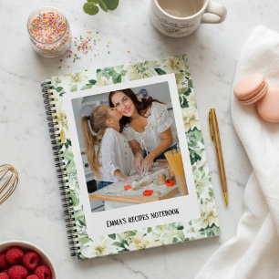Elegant Green Floral Custom Photo Recipe Notebook