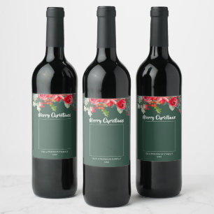 Elegant Green Floral Family Photo Christmas Wine Label