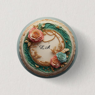 Elegant Green Floral Frame With Pink Roses 3 Cm Round Badge