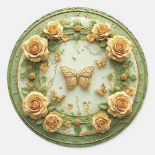 Elegant Green Floral Frame With Pink Roses Classic Round Sticker