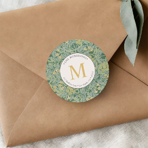 Elegant Green Floral Gold Monogram Return Address Classic Round Sticker