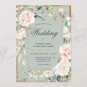 Elegant Green Floral Gold Rustic Wedding Invitation