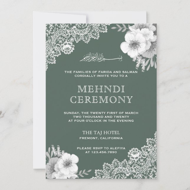 Elegant Green Floral Lace Islamic Muslim Mehndi Invitation (Front)