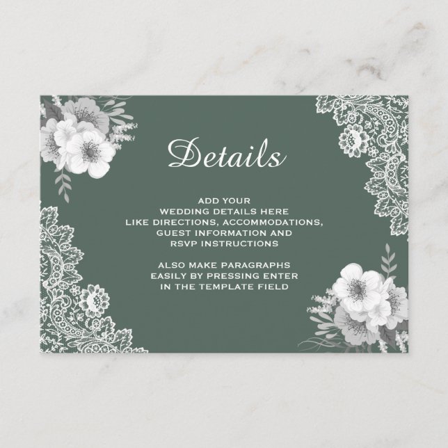 Elegant Green Floral Lace Wedding Details Enclosure Card (Front)