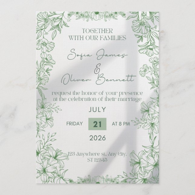 Elegant Green Floral Line Art Wedding Invitation  (Front)