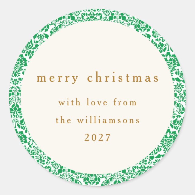 Elegant Green Floral Merry Christmas Personalised Classic Round Sticker (Front)