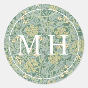 Elegant Green Floral Monogram Wedding Classic Round Sticker