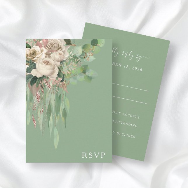Elegant Green Floral Peonies Wedding RSVP Card (Creator Uploaded)