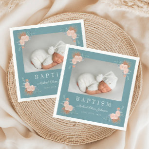 Elegant Green Floral Photo Baptism Napkin