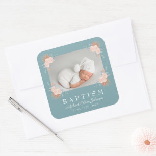 Elegant Green Floral Photo Baptism Square Sticker