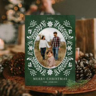 Elegant Green Floral Photo Christmas  Holiday Card