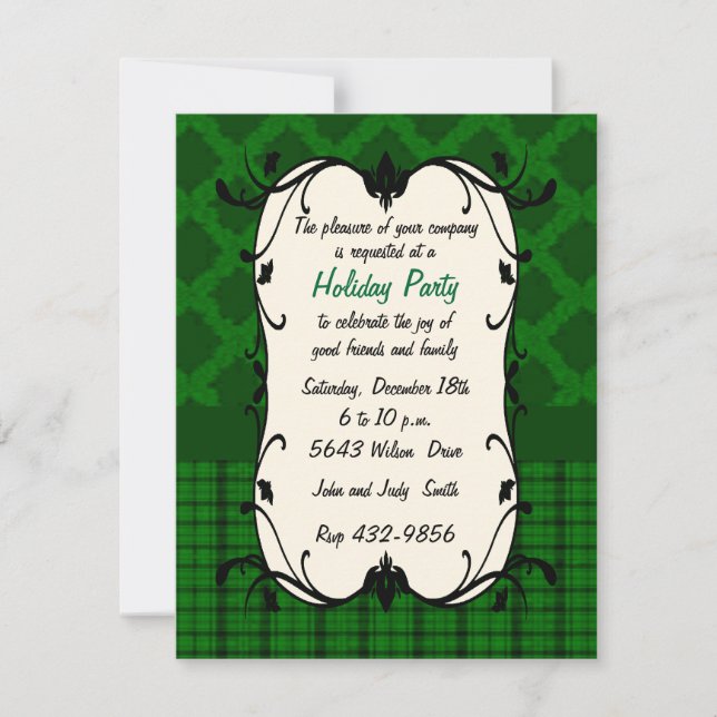Elegant Green Floral & Plaid Holiday Invitation (Front)