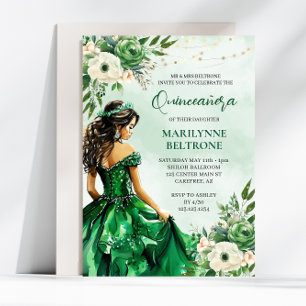 Elegant Green Floral Princess Quinceañera Invitation