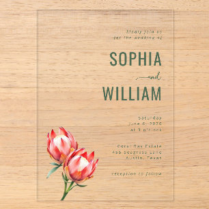 Elegant Green Floral Protea Acrylic Invitations